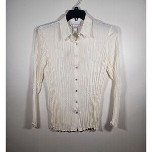 NWT Susan Graver Style Pleated White Collar Button Semi-Sheer Top Size Small
